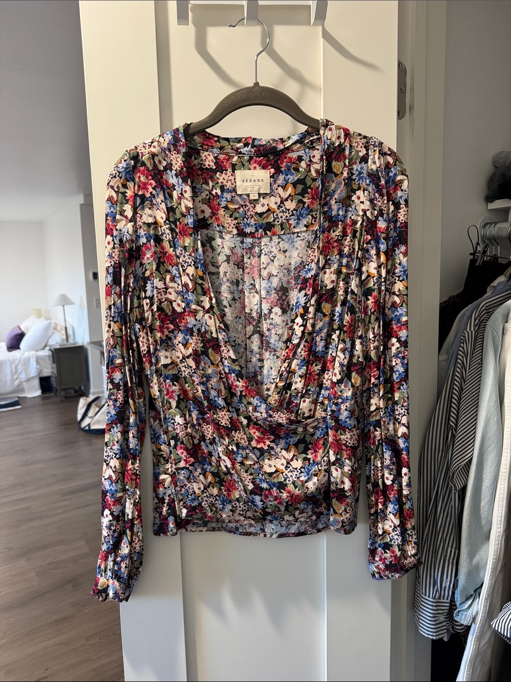 SEZANE Floral Wrap Blouse in Multicolor Floral Print